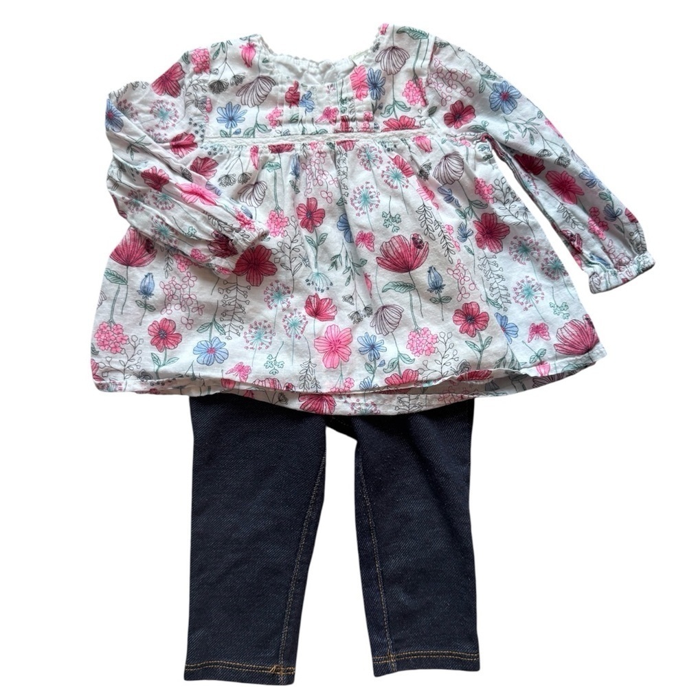 Baby girl fall outfit Floral Long Sleeve Top with Navy Leggings size 12 months